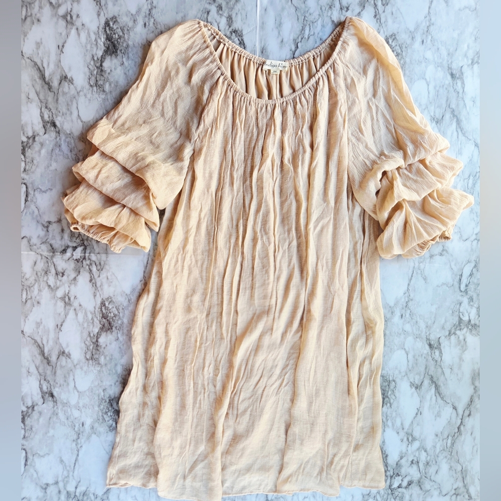 Indigo Rose Cream Ruffle Sleeve Midi Dress